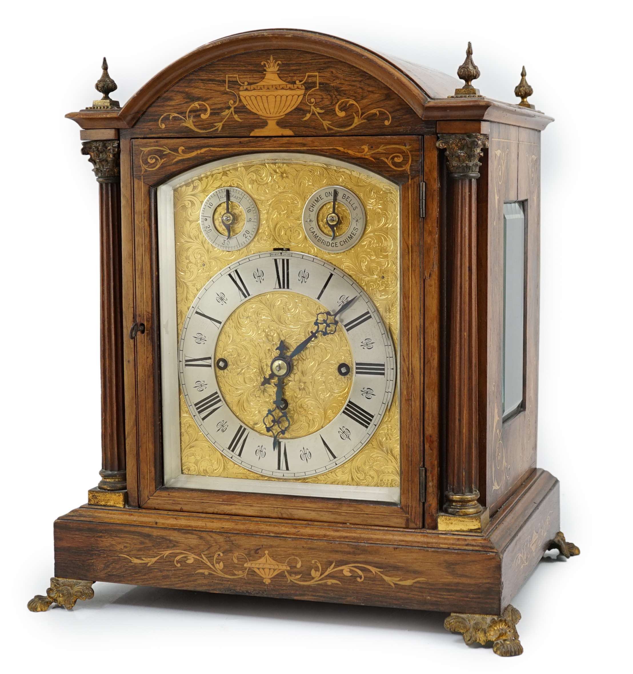 A late Victorian marquetry inlaid rosewood chiming bracket clock